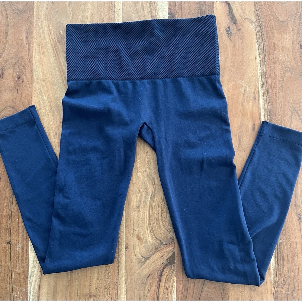 French Laundry Navy Blue Fleece Lined Leggings High Waist Honeycomb Band SM